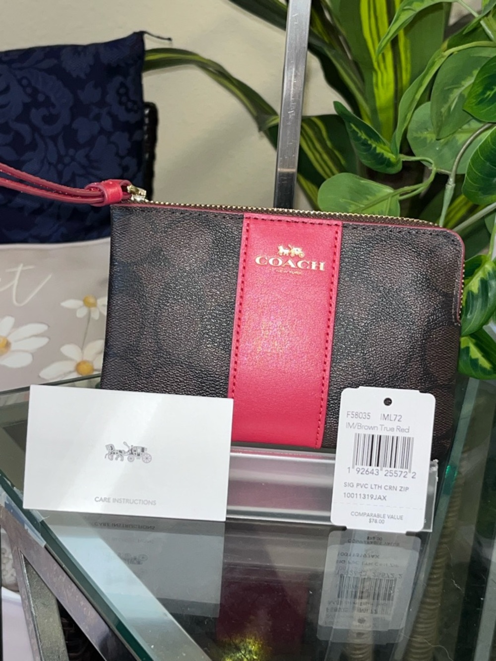 Coach Brown Signature Wallet with True Red Center Stripe